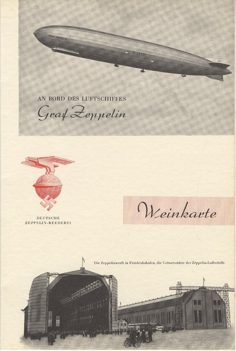 AIRSHIP/ZEPPELIN: Printed DZR Graf Zeppelin wine list.