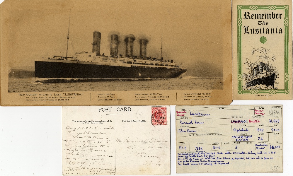 **R.M.S. LUSITANIA: Postcards, Lusitania pre and post sinking, examples include "Arriving in New