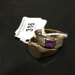 Hallmarked Gold: 9ct. Signet ring and a gents ring with an amethyst stone. 12gms.