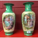 19th cent. Ceramics: Baluster vases with flared neck, green ground with romantic transfer panels - a