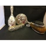 Hallmarked Silver: Dressing table set, hand mirror, clothes brush, hair brush, embossed angels on