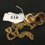 Hallmarked Gold: 9ct. chain pendant, sovereign mount and ring, half sovereign mount. 23gms.