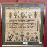 19th cent. Embroidery sampler, Eliza Butter 1828 12ins. x 12ins.