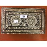 20th cent. Asian hardwood box, mosaic decoration using bone, mother of pearl, fruitwood, red plush