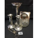 Hallmarked Silver: Candlesticks, ornate sugar nips (a/f), cut glass perfume bottle silver topped,