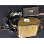 Binoculars, Aquilus Paris 8 x 32, black with leather case, and a pair of opera glasses in a