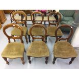 19th cent. Mahogany Harlequin set (4-2) balloon back chairs. Upholstered seating turned front