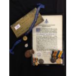 Medals: A pair to 150275 GNR E.W. Baker RF a miniature set with wound badge and certificate of