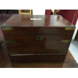 19th cent. Mahogany brass bound workbox with opening lid side drawer and button drawer.