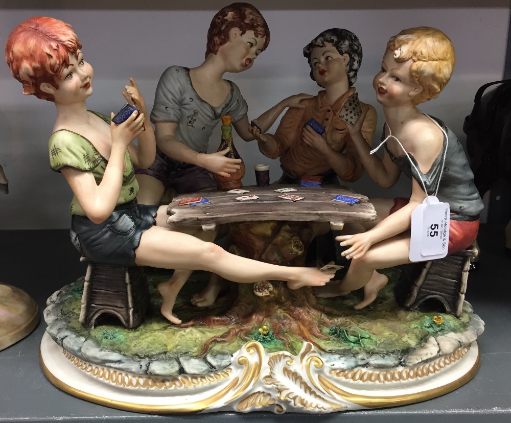 Ceramic Figure: Large Capodimonte figures "The card cheats sat at table with wine bottle", signed