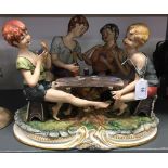 Ceramic Figure: Large Capodimonte figures "The card cheats sat at table with wine bottle", signed