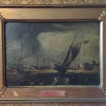 J Spence 1962 oil on card maritime study of ships plus a coastal battlements, signed lower left,