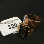 Hallmarked Gold: 9ct. signet ring, ring with the letter S on a black stone, and a wedding band. 13½