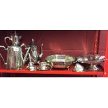 Plated ware: Wine filter, open vegetable tureen, bread basket, cut glass, plated claret jug, tea pot