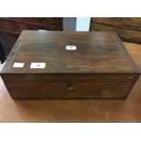 20th cent. Rosewood writing slope/ box. Brass inlay and mother of pearl cartouche. 14ins. x 4¾ins. x