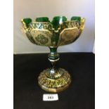 19th cent. Bohemian green glass tazza with gilt overlay decoration.