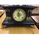 Clocks: 20th cent. English mantel clock, painted treen case with columns, marbling decoration & gilt