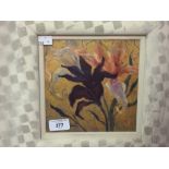 Laura. A. Hunter: Oil study 'Lilies on Gold'. Label on back 'The Braemar Gallery' Initials lower