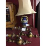 Lighting: 20th cent. Brass wall lights, a pair. 13ins. long, 7ins. projection. Plus a vase, blue and