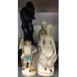 Ornamental Figures: "Lovers Embrace" on base, resin 15ins. Three Parian ware figures Musicians