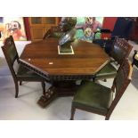 Victorian oak octagonal single pedestal heavily carved dining table retailed Pearce of Bristol