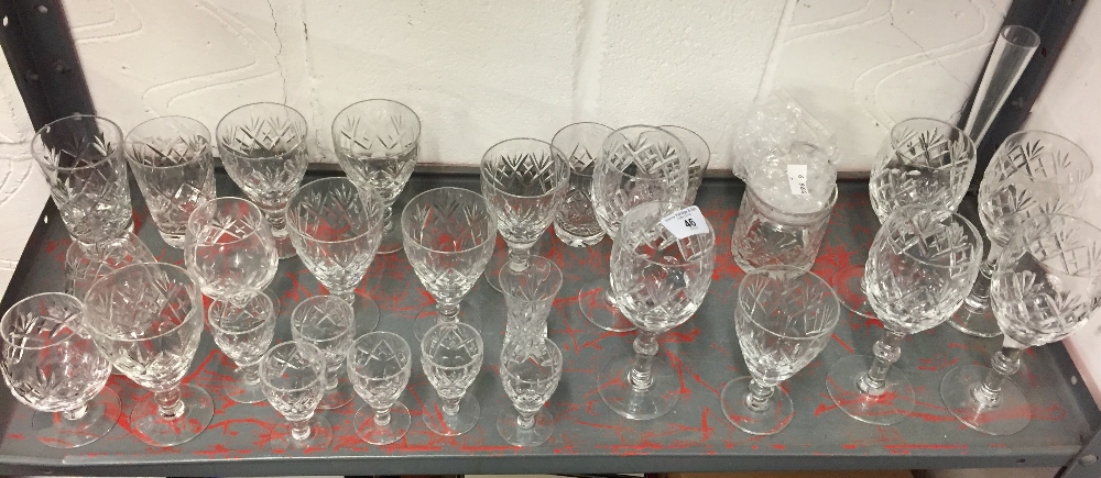 20th cent. Crystal Cut Glassware: Whisky tumblers x 4, stemmed wine glasses x 6, brandy x 3, a glass