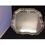 Hallmarked Silver: Salver inscribed with presentation notation, scallop edge, four paw feet. Chester