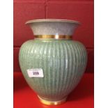 20th cent. Ceramics: Royal Copenhagen Celadon vase, crackle glaze, baluster shape. Fluted design,