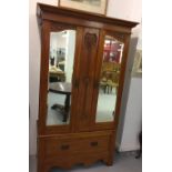 20th cent. Satinwood wardrobe with art nouveau carved motifs, 2 hanging sections with hooks over