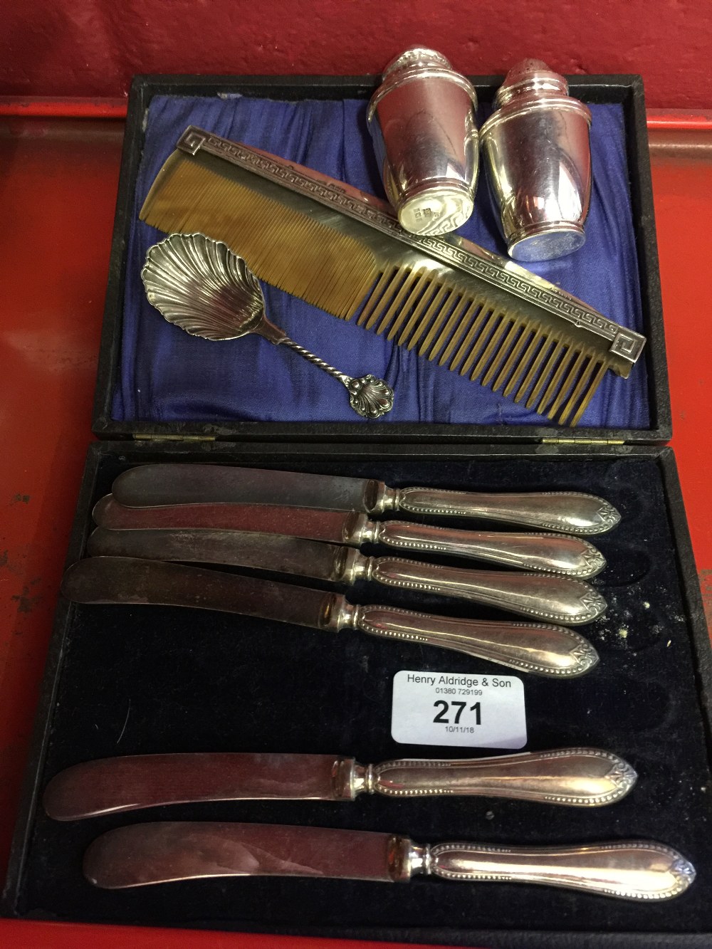 Hallmarked Silver: Condiments set, comb, butter knives (6) boxed & a continental tea caddy spoon.