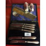 Hallmarked Silver: Condiments set, comb, butter knives (6) boxed & a continental tea caddy spoon.