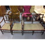 Edwardian mahogany harlequin salon suite with upholstered seating. Inlaid banding.