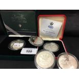 Coins: £5 silver proof Queen Mother centenary year 1997, £5 silver proof, 50 dollars 1945 - 1995