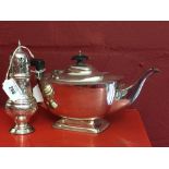 Plated Ware: Plated teapot, Regency style and a sugar shaker.