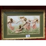 19th cent. Porcelain slipware plaque of nymphs dancing, the figures in relief.