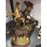 20th cent. Ceramics: Capo de Monte style 'Fighting Stallions' on treen stand, with original label.