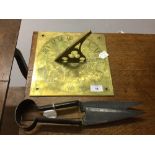 20th cent. Brass sundial, signed Chas Dobson of Bath. A pair of sheep shears, Sheffield made.