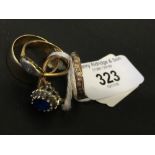 Hallmarked Gold: 9ct. Wedding ring, an octagonal ring set with white stones, ring with an illusion