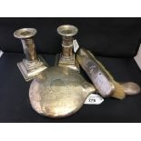 Hallmarked Silver: Candle sticks London 8oz (without weights), a silver backed hand mirror plus