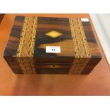 Early 20th cent. Rosewood work sewing box with banded fruit woods and ebony decoration.