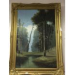 Early 20th cent. British School: Oil on canvas 'Forest glade and still water' pastoral scene, ornate