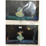 Mary Gold: Watercolour on black card 'Columbine and Harlequin' dancing in the moonlight - a pair.