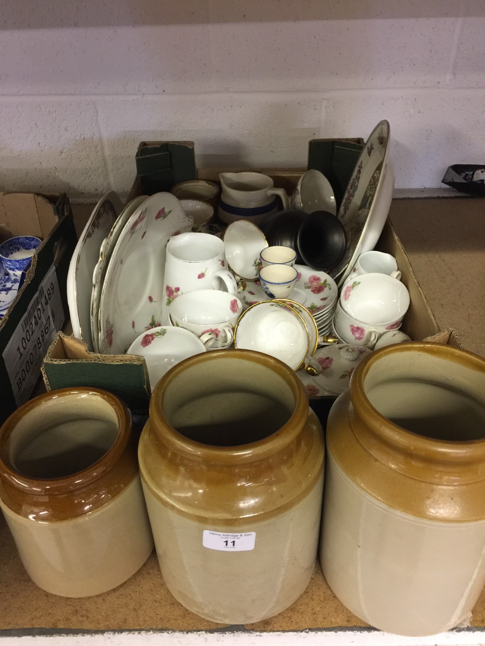 20th cent. Ceramics: Rose patterned half teaset, preserve jars, jugs, plates, etc.
