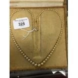 Jewellery: Cultured pearl necklace with 9ct. gold clasp. Boxed. 50ins. unclipped length.