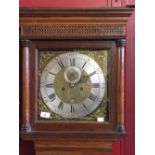 18th cent. Oak long case clock, 8 day, brass dial and spandrels, silvered chapter ring, Roman