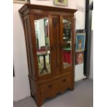 20th cent. Satinwood wardrobe with art nouveau carved motifs, 2 hanging sections with hooks over