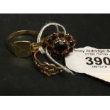 Hallmarked Gold: Ladies knot ring, garnet cluster ring plus a signet ring, all 9ct, 8½gms.