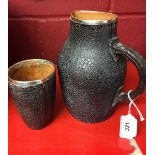 Doulton and Slater ceramic Jack RD No 13799, No 2677 leather hallmarked silver rim and a tumbler (