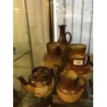 Stoneware: Harvest Sprigged ware 3 jugs (1 Doulton), stoneware pitcher and a harvest white metal