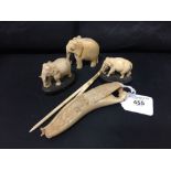 19th cent. Indian ivory elephants a child's chop sticks and a prayer strip.